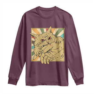 Funny Cat Bite Horror Anime Crazy Kitten Japanese Long Sleeve Shirt TS11 Maroon Print Your Wear