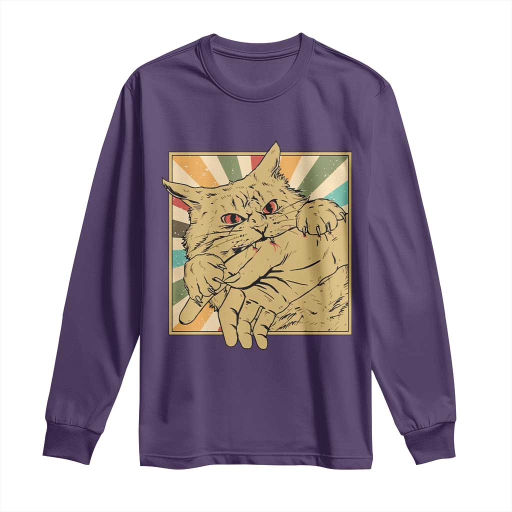 Funny Cat Bite Horror Anime Crazy Kitten Japanese Long Sleeve Shirt TS11 Purple Print Your Wear
