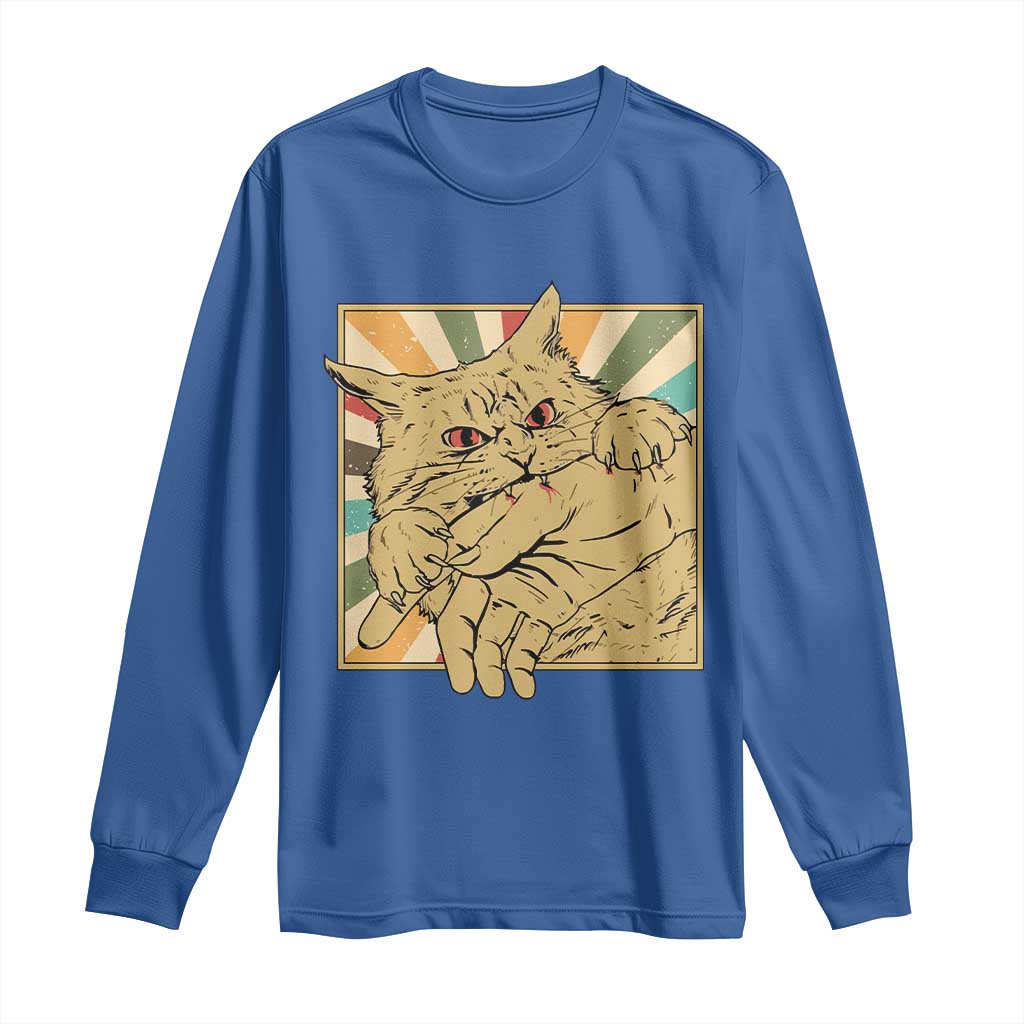 Funny Cat Bite Horror Anime Crazy Kitten Japanese Long Sleeve Shirt TS11 Royal Blue Print Your Wear