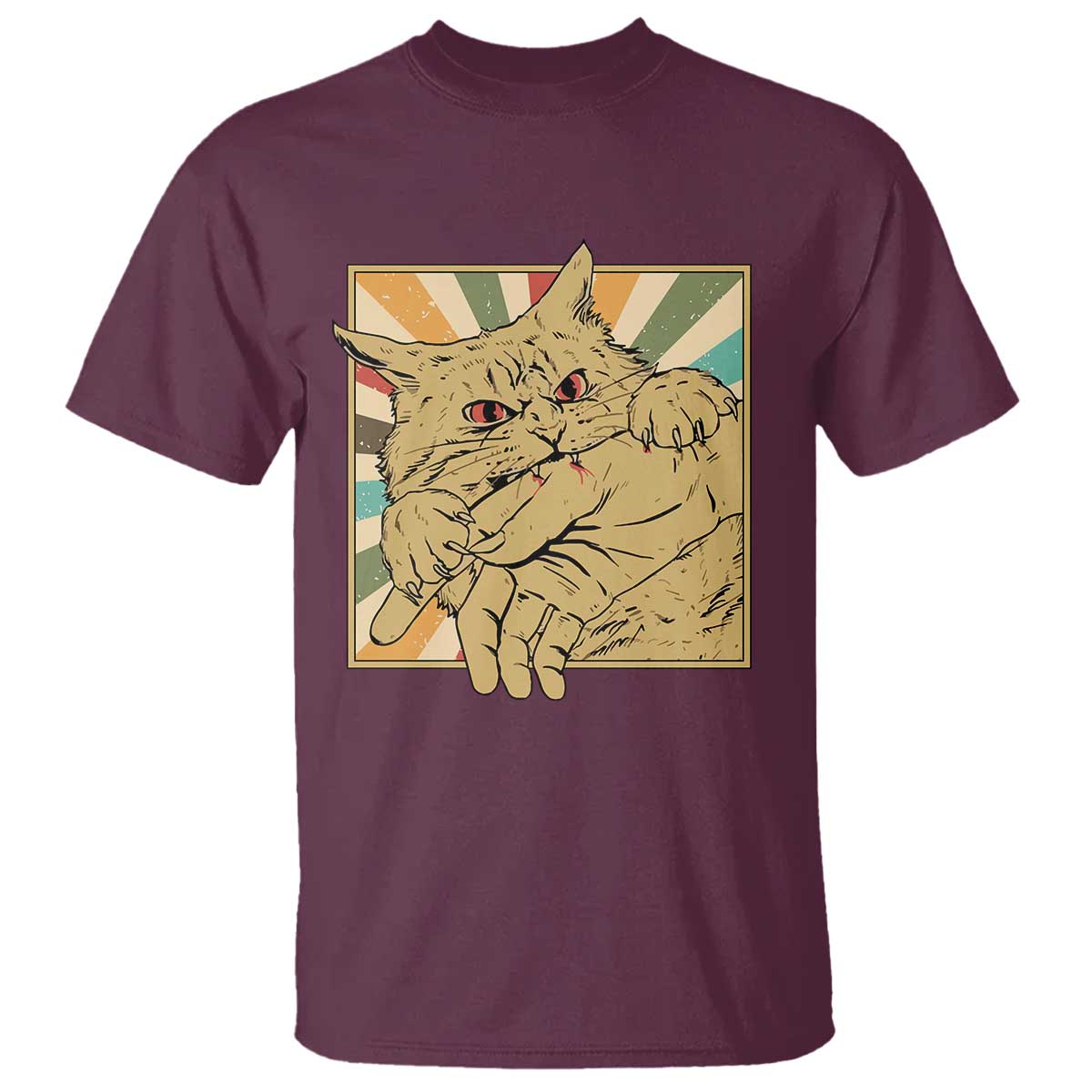 Funny Cat Bite Horror Anime Crazy Kitten Japanese T Shirt TS11 Maroon Print Your Wear