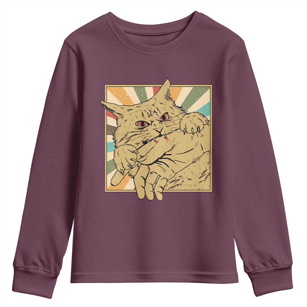 Funny Cat Bite Horror Anime Crazy Kitten Japanese Youth Sweatshirt TS11 Maroon Print Your Wear