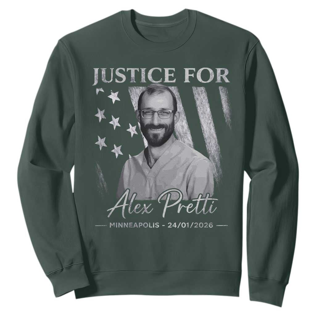 Justice For Alex Pretti Sweatshirt Minneapolis Tribute 2026 Vintage American Flag TS11 Dark Forest Green Print Your Wear