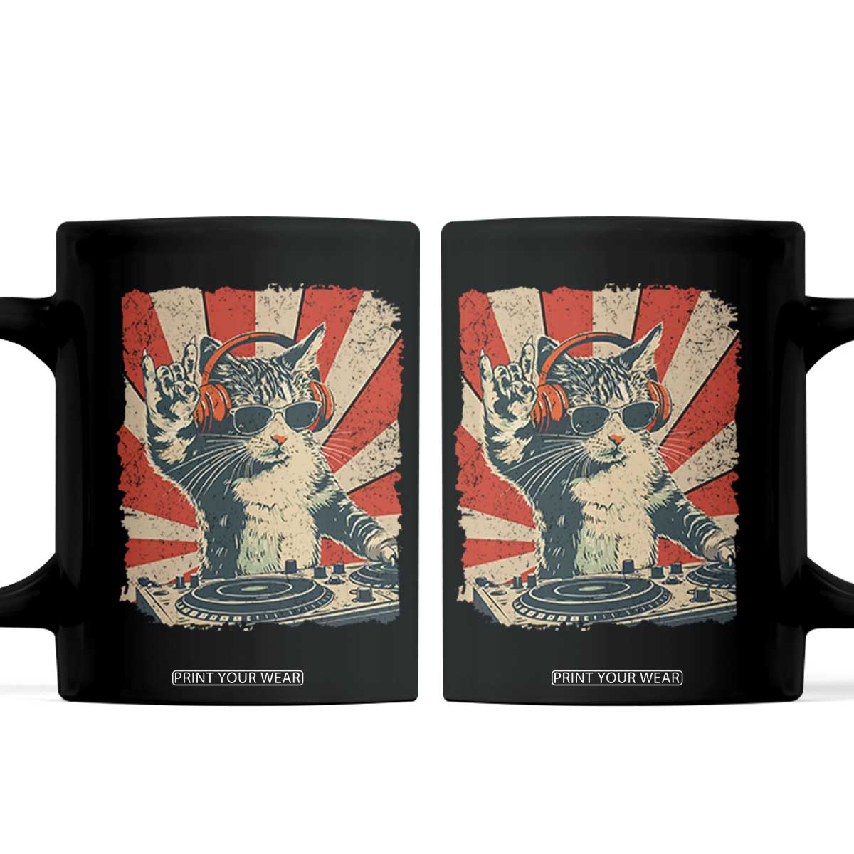 Funny DJ Cat with Headphones Retro Music Lover Coffee Mug TS11 Black Print Your Wear