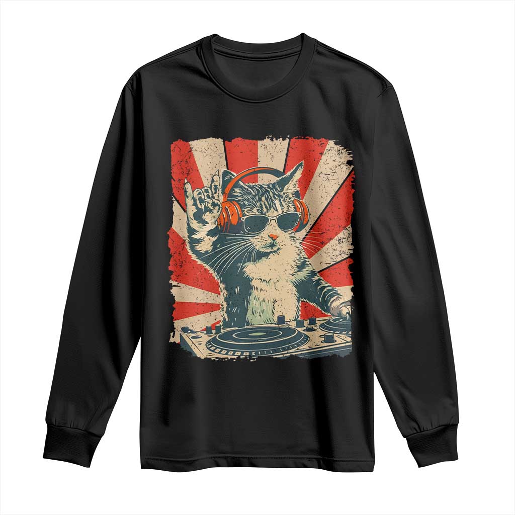 Funny DJ Cat with Headphones Retro Music Lover Long Sleeve Shirt TS11 Black Print Your Wear