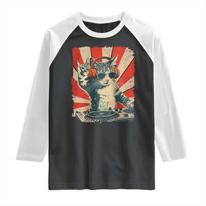 Funny DJ Cat with Headphones Retro Music Lover Raglan Shirt TS11 Black White Print Your Wear