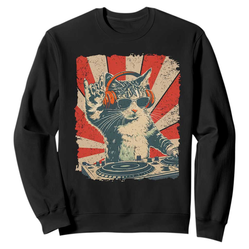 Funny DJ Cat with Headphones Retro Music Lover Sweatshirt TS11 Black Print Your Wear