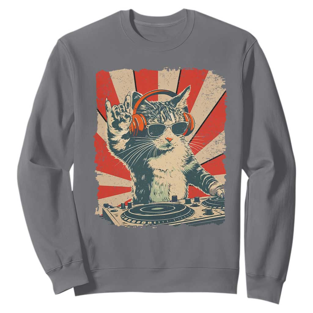 Funny DJ Cat with Headphones Retro Music Lover Sweatshirt TS11 Charcoal Print Your Wear