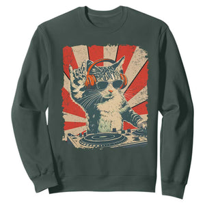 Funny DJ Cat with Headphones Retro Music Lover Sweatshirt TS11 Dark Forest Green Print Your Wear