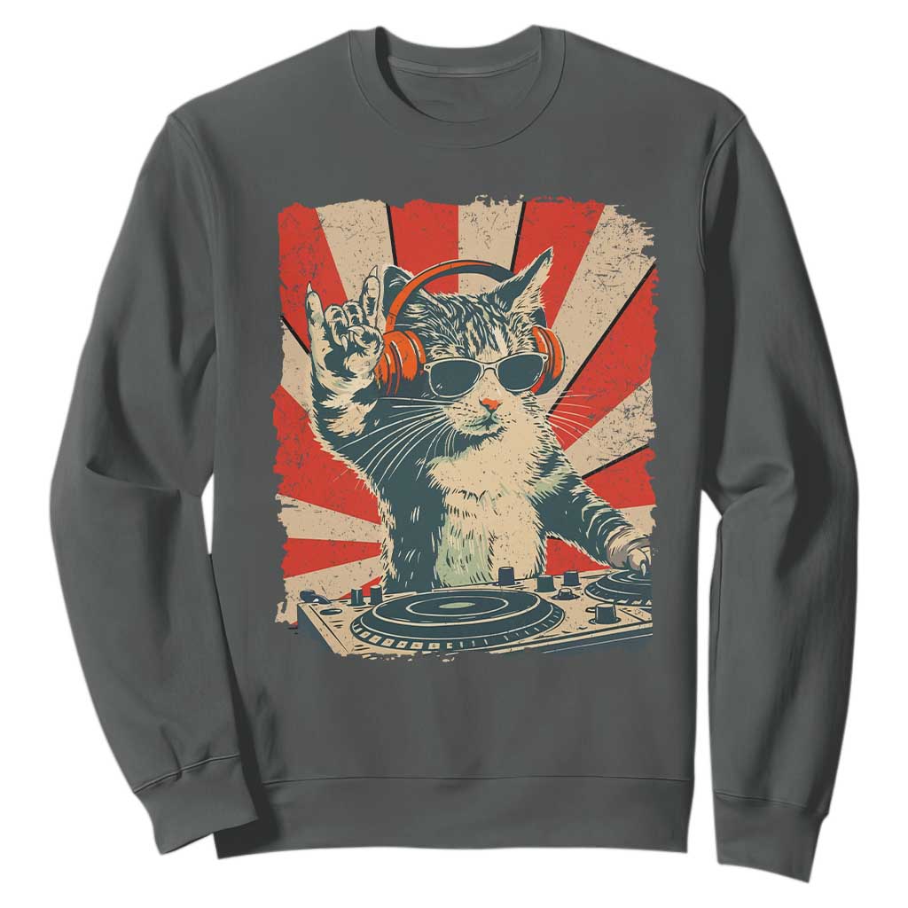 Funny DJ Cat with Headphones Retro Music Lover Sweatshirt TS11 Dark Heather Print Your Wear
