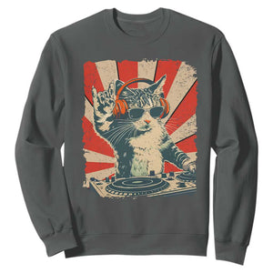 Funny DJ Cat with Headphones Retro Music Lover Sweatshirt TS11 Dark Heather Print Your Wear