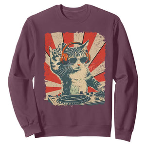 Funny DJ Cat with Headphones Retro Music Lover Sweatshirt TS11 Maroon Print Your Wear