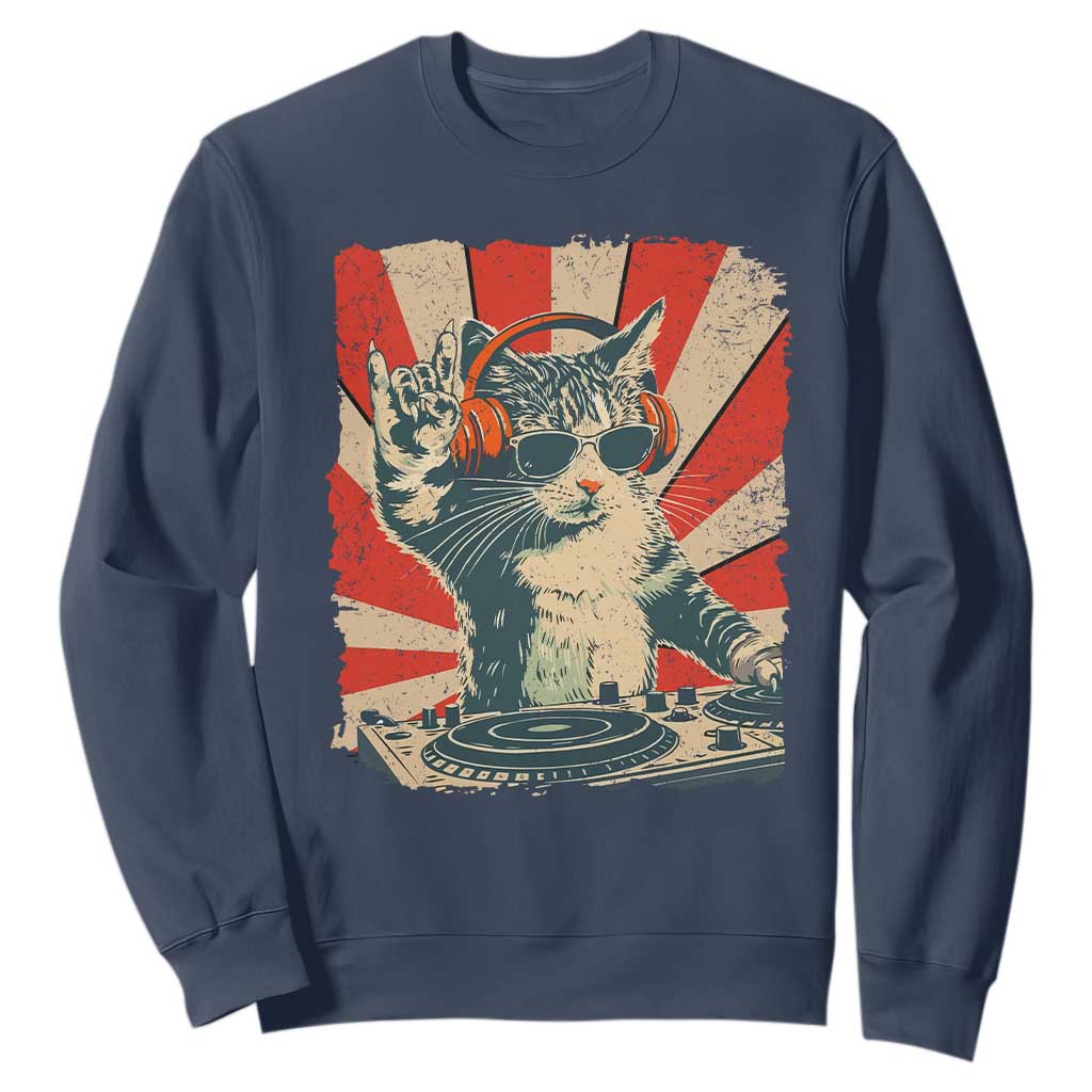 Funny DJ Cat with Headphones Retro Music Lover Sweatshirt TS11 Navy Print Your Wear