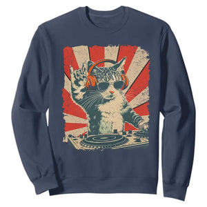 Funny DJ Cat with Headphones Retro Music Lover Sweatshirt TS11 Navy Print Your Wear