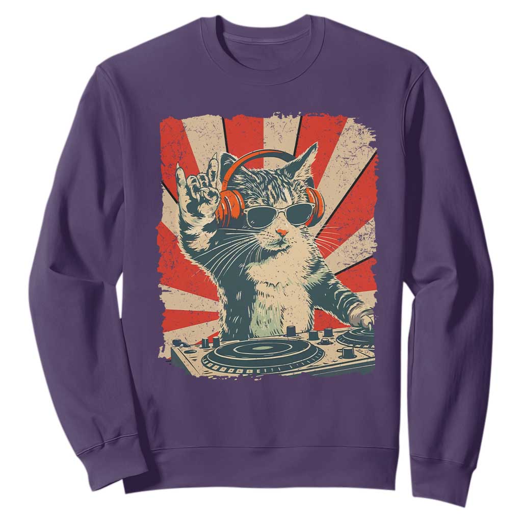 Funny DJ Cat with Headphones Retro Music Lover Sweatshirt TS11 Purple Print Your Wear