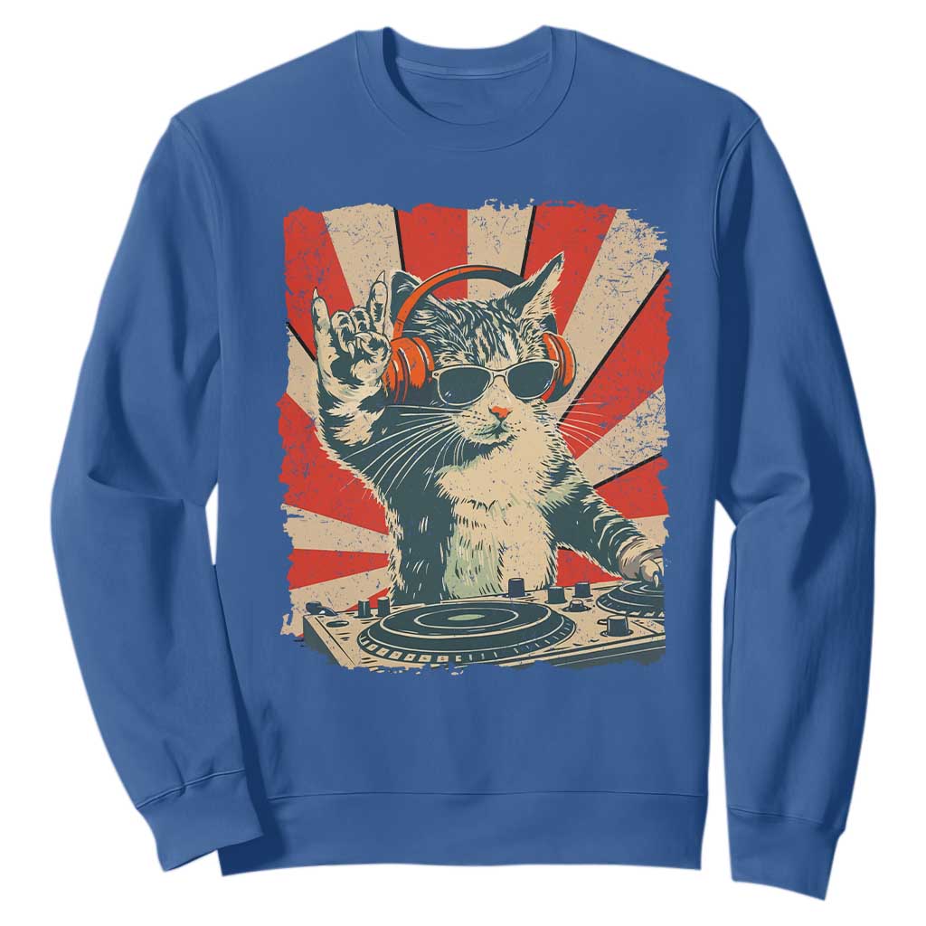Funny DJ Cat with Headphones Retro Music Lover Sweatshirt TS11 Royal Blue Print Your Wear