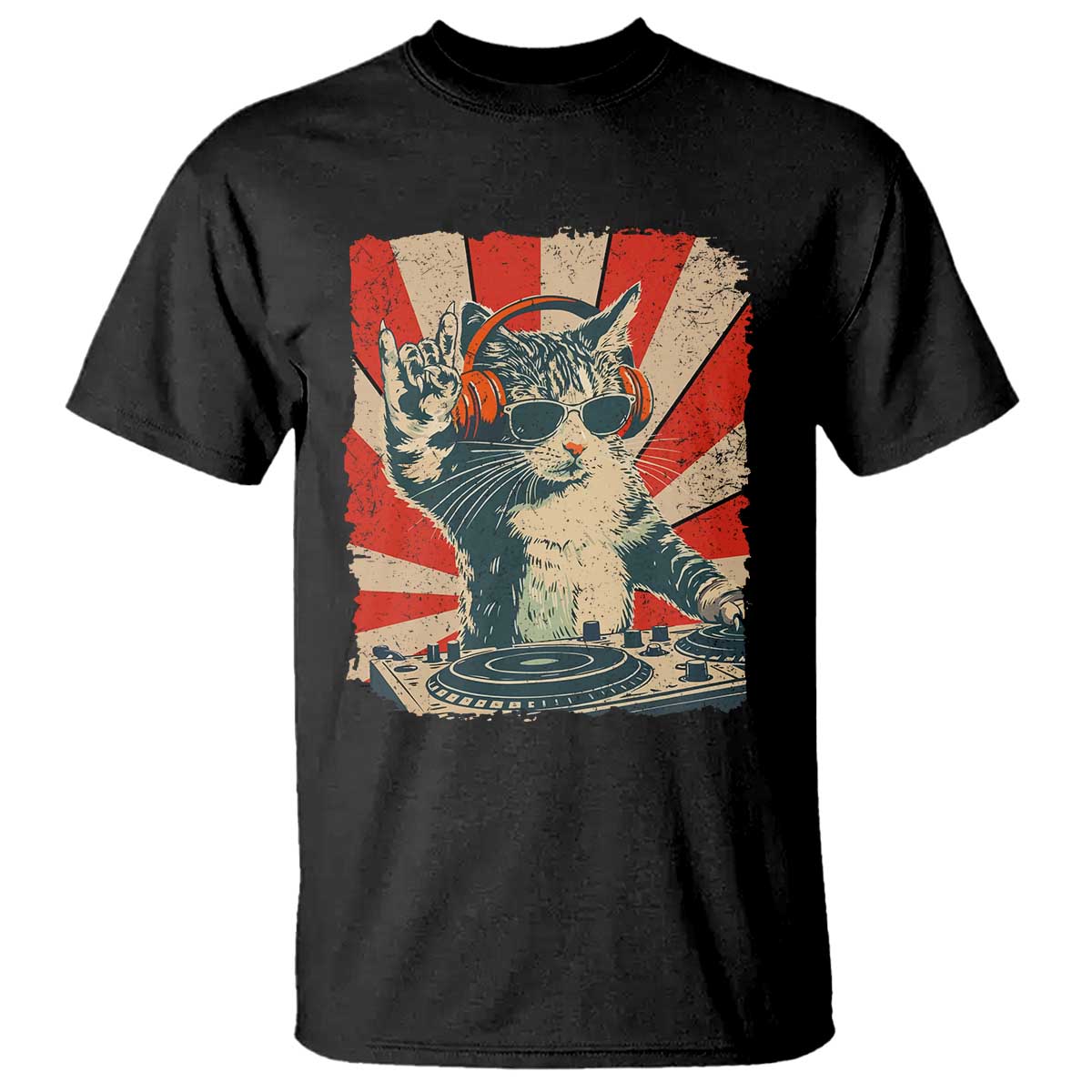 Funny DJ Cat with Headphones Retro Music Lover T Shirt TS11 Black Print Your Wear