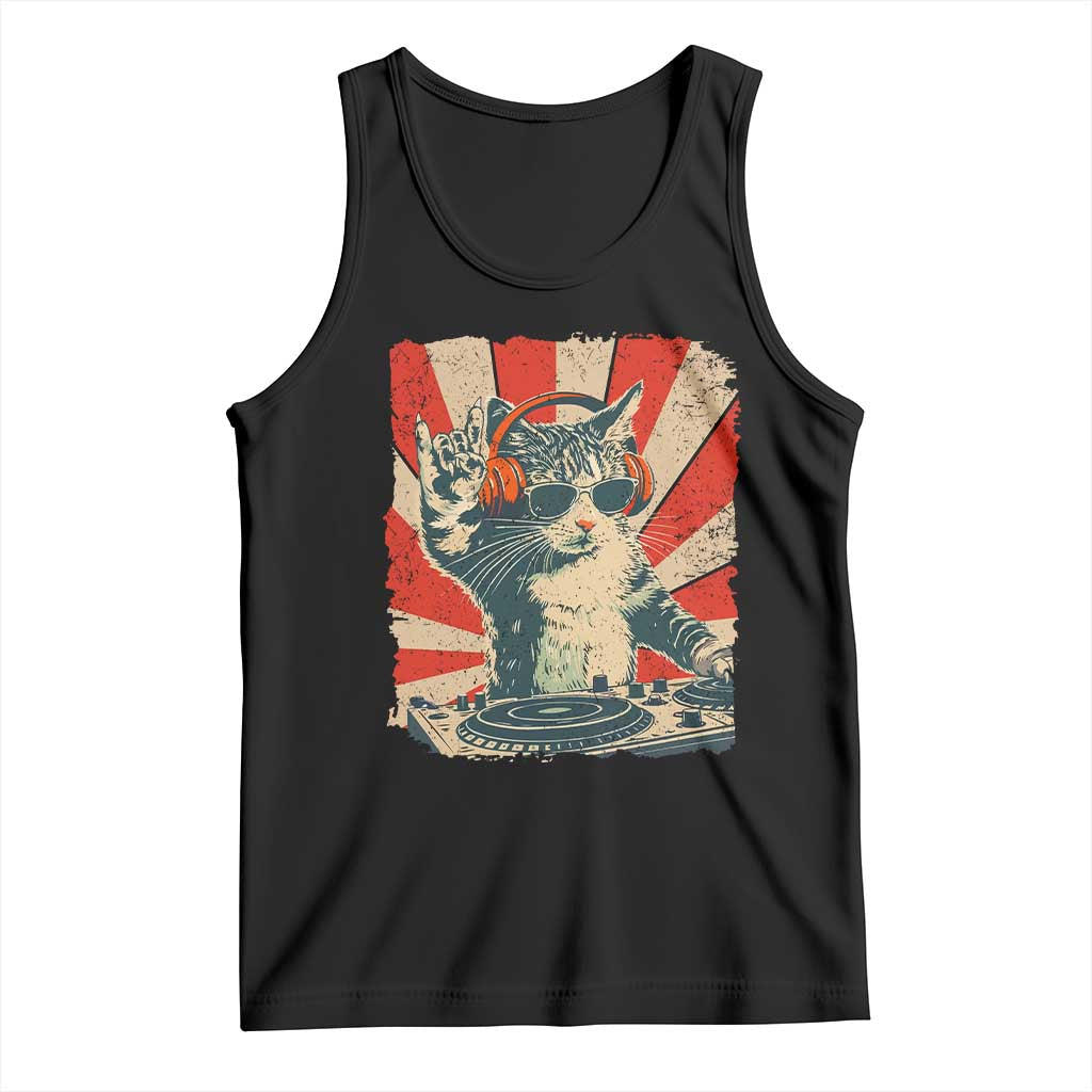 Funny DJ Cat with Headphones Retro Music Lover Tank Top TS11 Black Print Your Wear