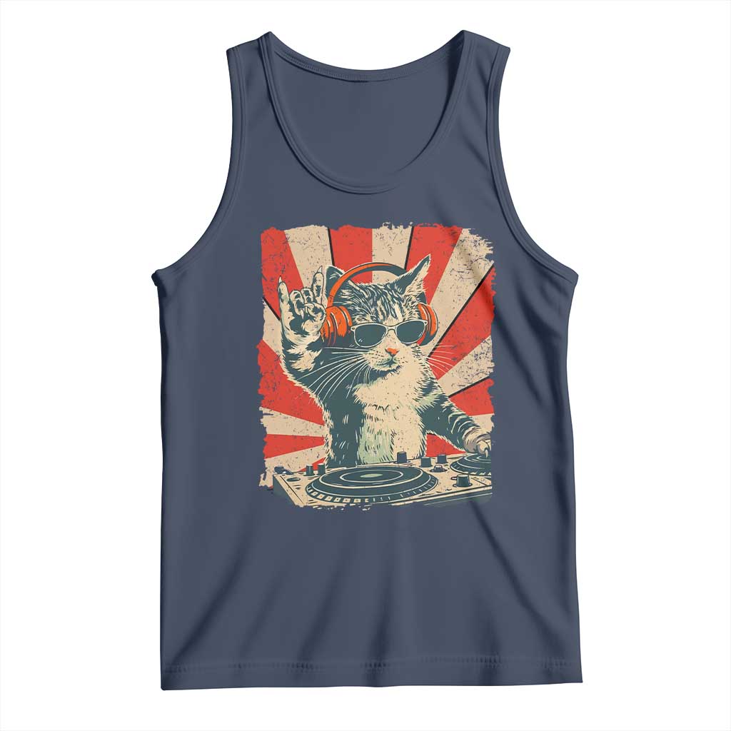 Funny DJ Cat with Headphones Retro Music Lover Tank Top TS11 Navy Print Your Wear
