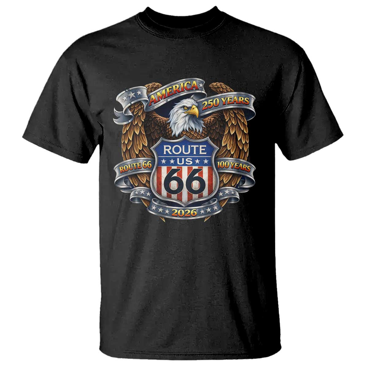250 Years Of America 100 Years Of Route Highway 66 T Shirt Bald Eagle Vintage American Flag TS11 Black Print Your Wear