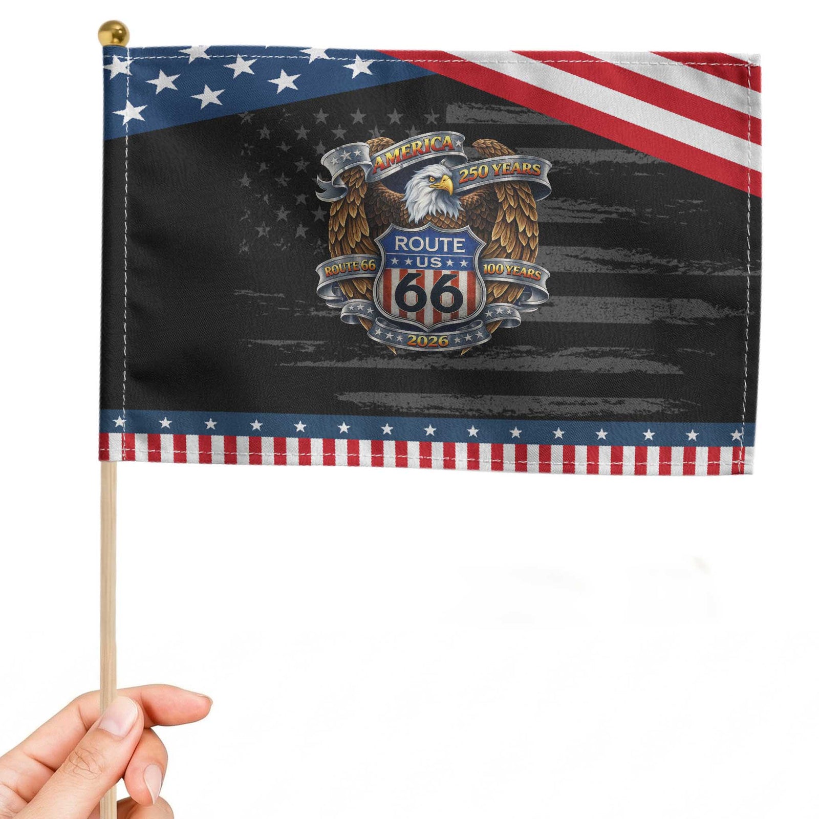 250 Years Of America 100 Years Of Route Highway 66 Patriotic Handheld Flag Bald Eagle Vintage American Flag TS11 Distressed 8.2