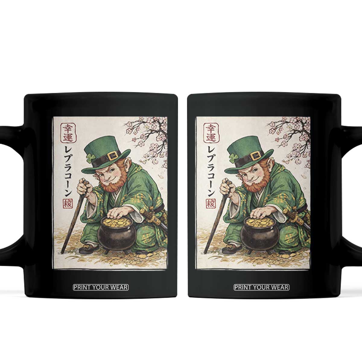 Vintage Japanese Leprechaun St Patricks Day Shamrock Ukiyo e Art Coffee Mug TS11 Black Print Your Wear