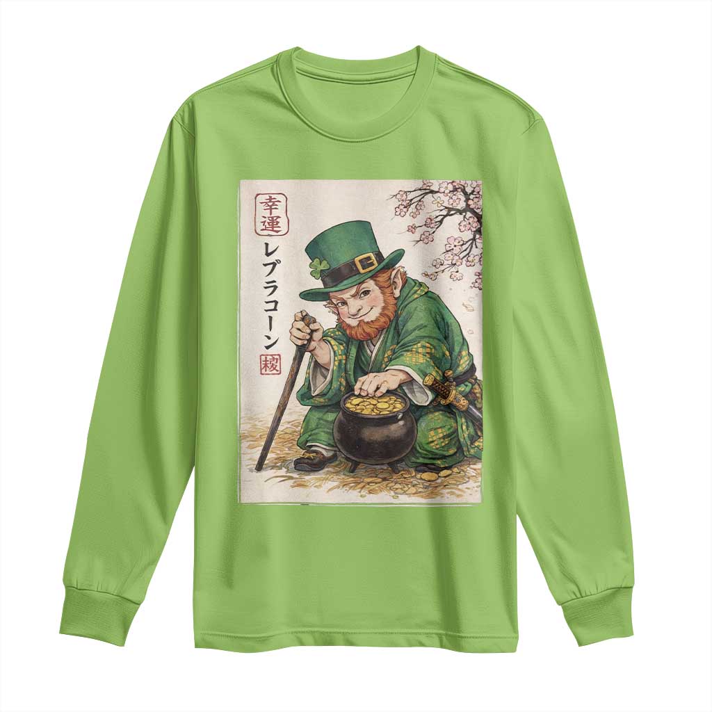 Vintage Japanese Leprechaun St Patricks Day Shamrock Ukiyo e Art Long Sleeve Shirt TS11 Lime Print Your Wear