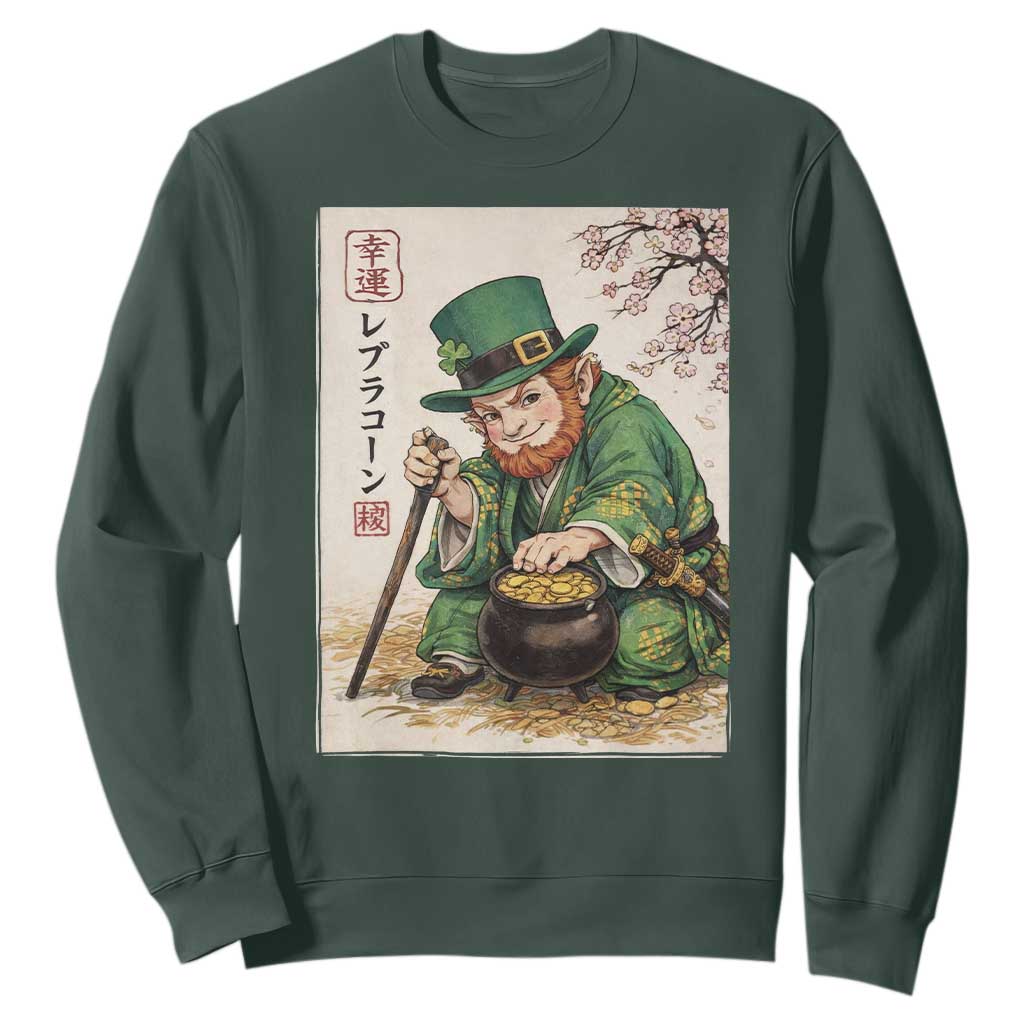 Vintage Japanese Leprechaun St Patricks Day Shamrock Ukiyo e Art Sweatshirt TS11 Dark Forest Green Print Your Wear