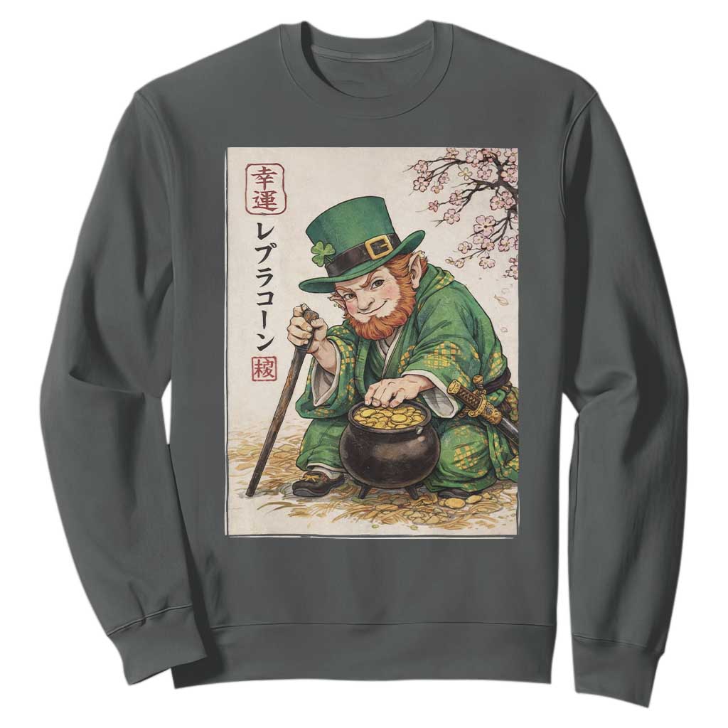 Vintage Japanese Leprechaun St Patricks Day Shamrock Ukiyo e Art Sweatshirt TS11 Dark Heather Print Your Wear