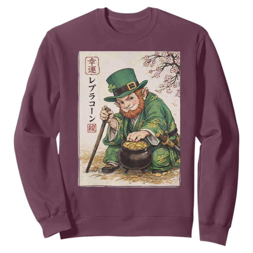 Vintage Japanese Leprechaun St Patricks Day Shamrock Ukiyo e Art Sweatshirt TS11 Maroon Print Your Wear