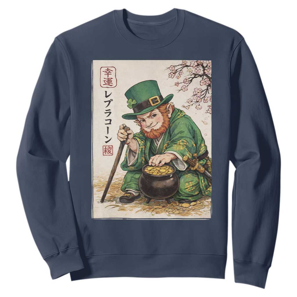 Vintage Japanese Leprechaun St Patricks Day Shamrock Ukiyo e Art Sweatshirt TS11 Navy Print Your Wear
