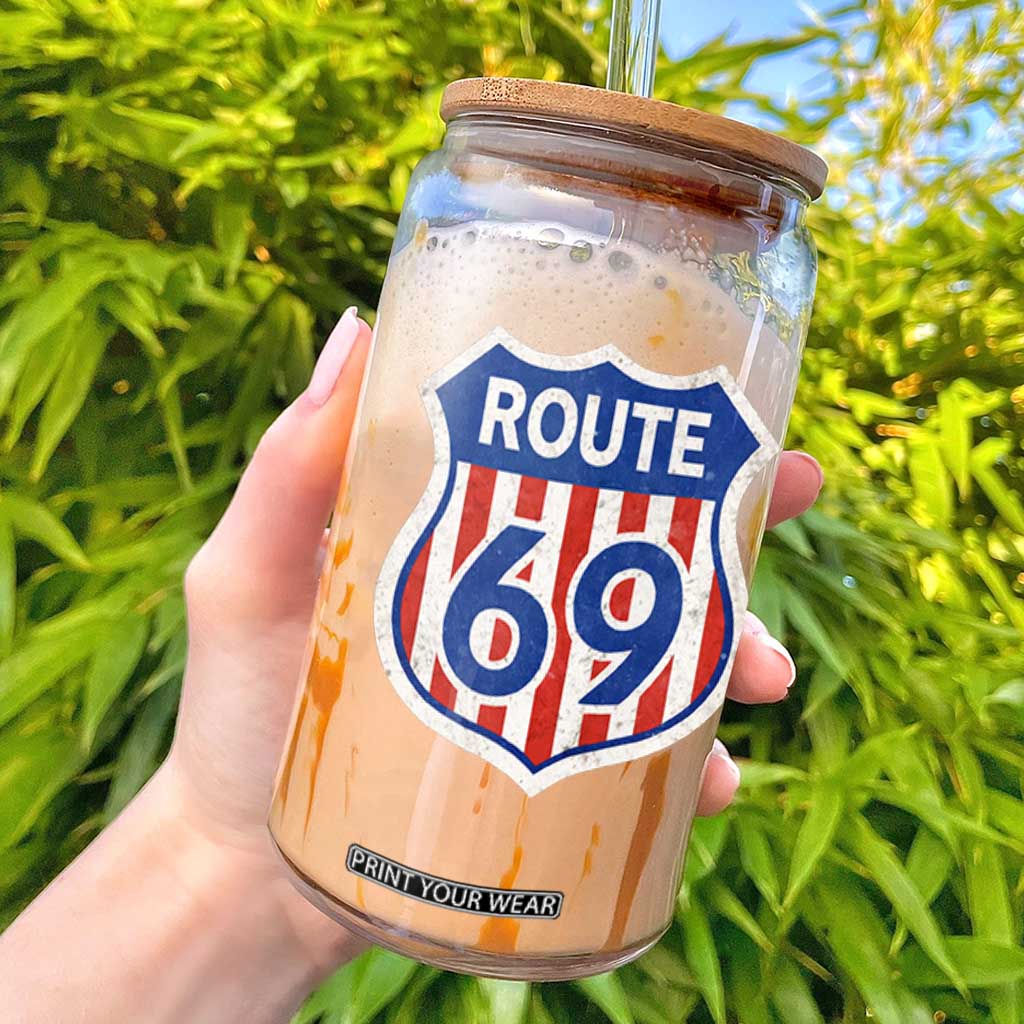 Vintage Route 69 Highway Road Trip Sign Distressed American Flag Glass Can TS11 Black Print Your Wear