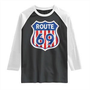 Vintage Route 69 Highway Road Trip Sign Distressed American Flag Raglan Shirt TS11 Black White Print Your Wear