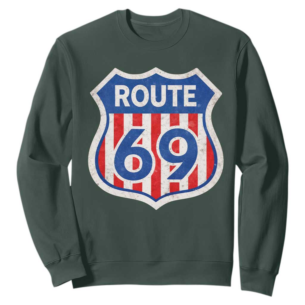 Vintage Route 69 Highway Road Trip Sign Distressed American Flag Sweatshirt TS11 Dark Forest Green Print Your Wear