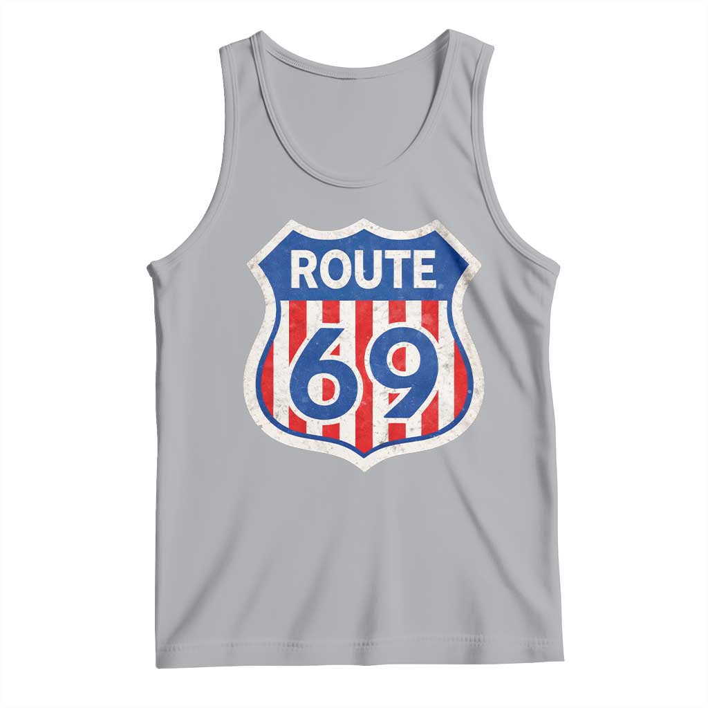 Vintage Route 69 Highway Road Trip Sign Distressed American Flag Tank Top TS11 Athletic Heather Print Your Wear