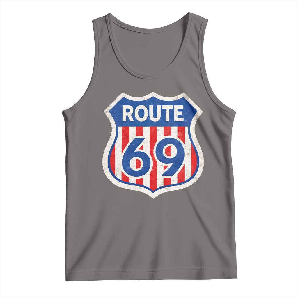 Vintage Route 69 Highway Road Trip Sign Distressed American Flag Tank Top TS11 Deep Heather Print Your Wear