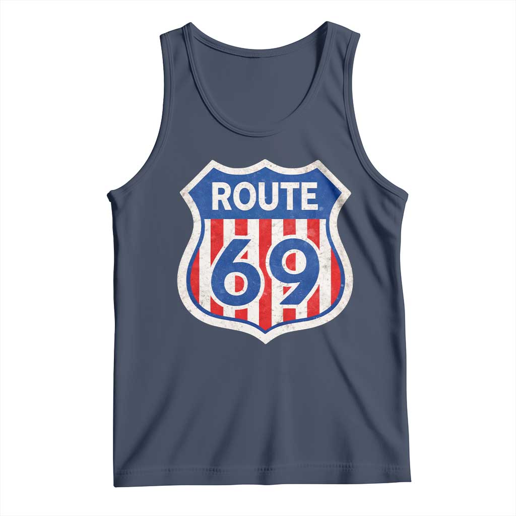 Vintage Route 69 Highway Road Trip Sign Distressed American Flag Tank Top TS11 Navy Print Your Wear