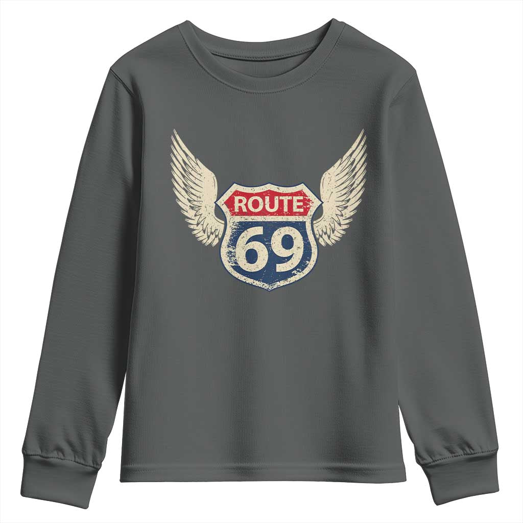 Vintage Route 69 Highway Road Trip Sign Youth Sweatshirt TS11 Dark Heather Print Your Wear