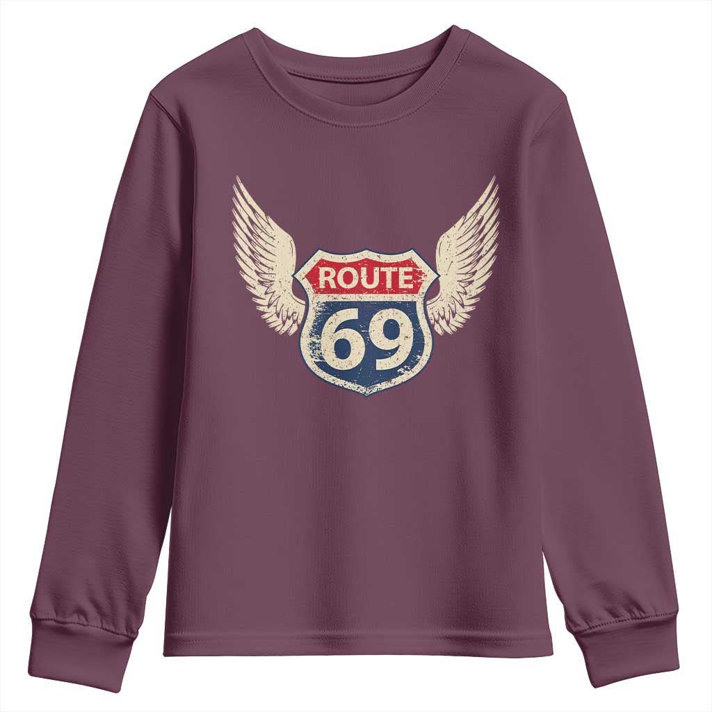 Vintage Route 69 Highway Road Trip Sign Youth Sweatshirt TS11 Maroon Print Your Wear