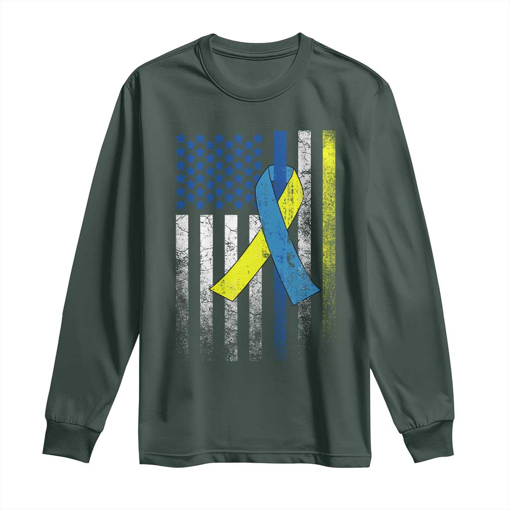 Down Syndrome Awareness Vintage American Flag Long Sleeve Shirt TS11 Dark Forest Green Print Your Wear