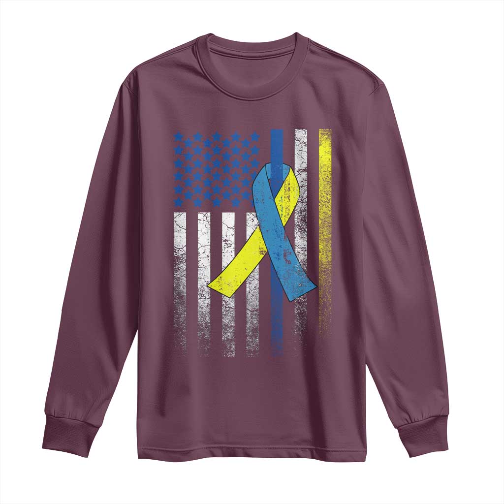Down Syndrome Awareness Vintage American Flag Long Sleeve Shirt TS11 Maroon Print Your Wear
