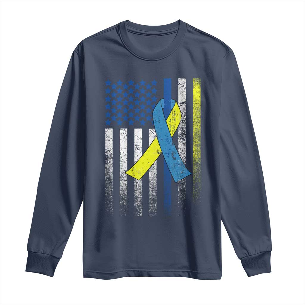 Down Syndrome Awareness Vintage American Flag Long Sleeve Shirt TS11 Navy Print Your Wear