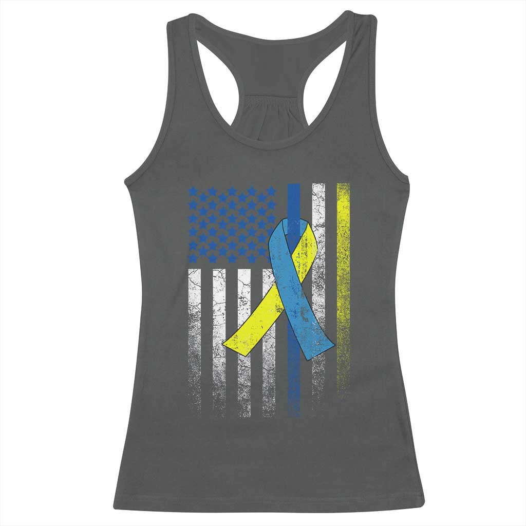 Down Syndrome Awareness Vintage American Flag Racerback Tank Top TS11 Dark Heather Print Your Wear