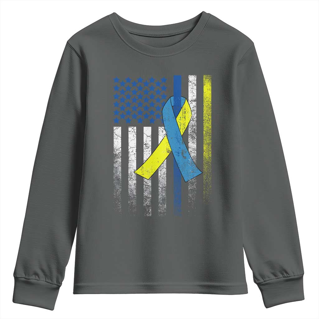 Down Syndrome Awareness Vintage American Flag Youth Sweatshirt TS11 Dark Heather Print Your Wear