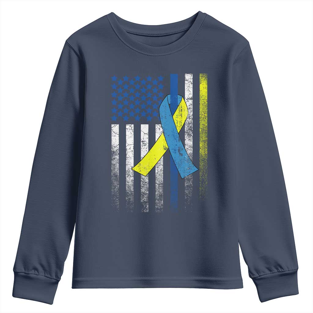 Down Syndrome Awareness Vintage American Flag Youth Sweatshirt TS11 Navy Print Your Wear