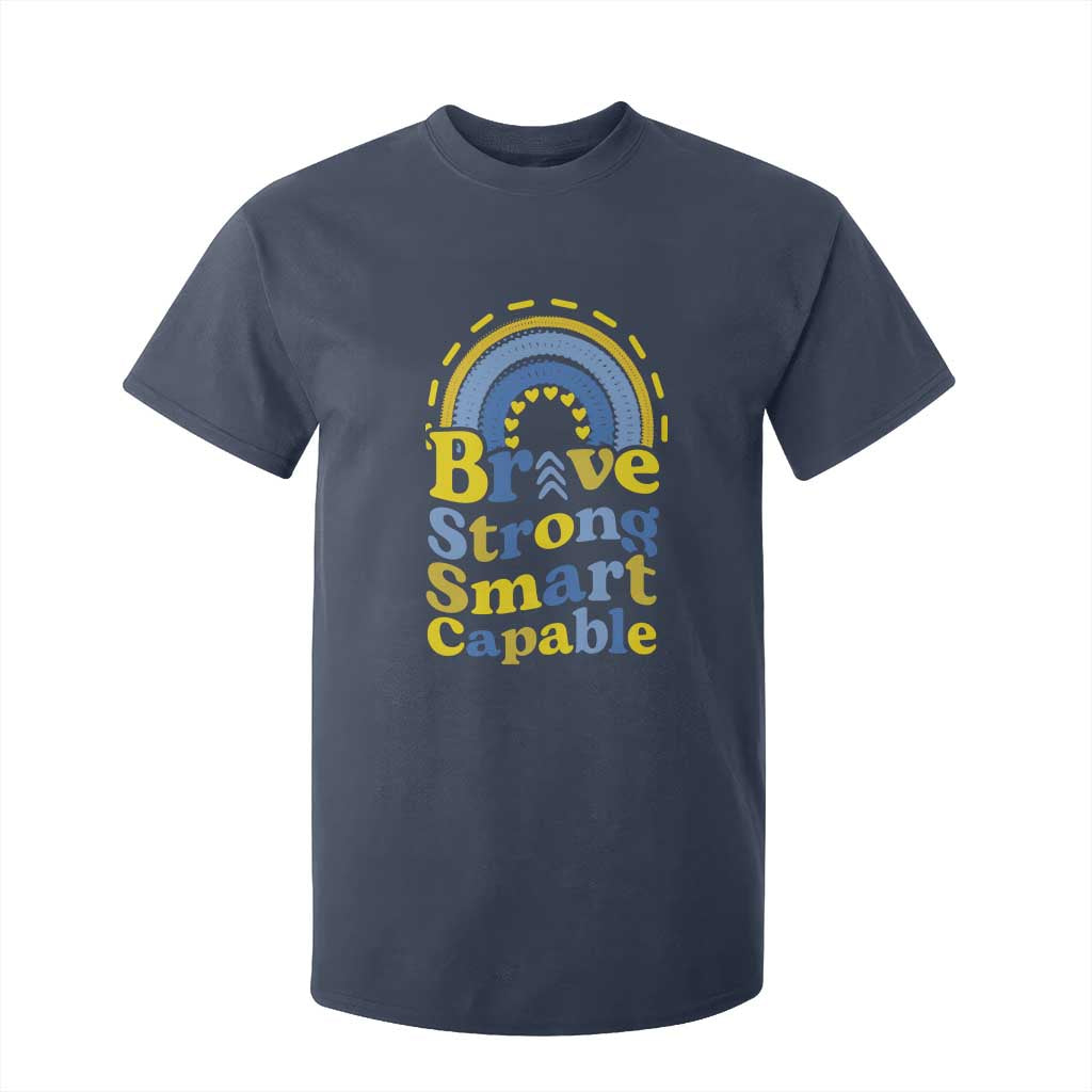 Down Syndrome Awareness T Shirt For Kid Brave Strong Smart Capable Rainbow TS11 Navy Print Your Wear