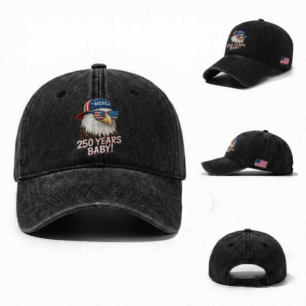 250th Anniversary USA 250 Years Baby Bald Eagle Washed Cotton Baseball Cap TS11 Washed Cap Universal Fit Black Print Your Wear