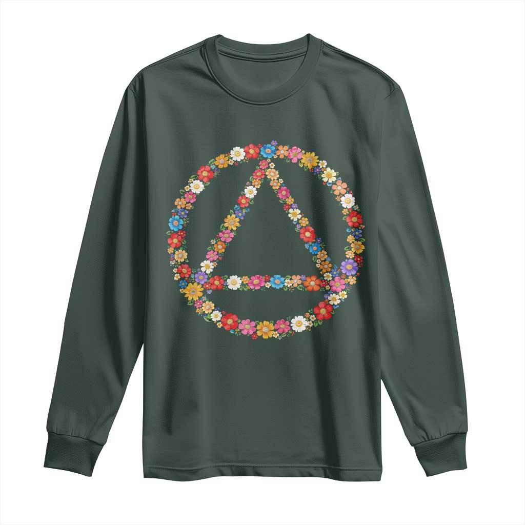 AA Sober Retro Flower Symbol Serenity Recovery Long Sleeve Shirt TS11 Dark Forest Green Print Your Wear