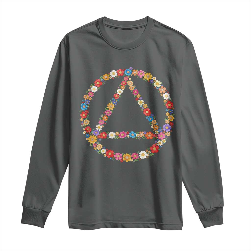 AA Sober Retro Flower Symbol Serenity Recovery Long Sleeve Shirt TS11 Dark Heather Print Your Wear