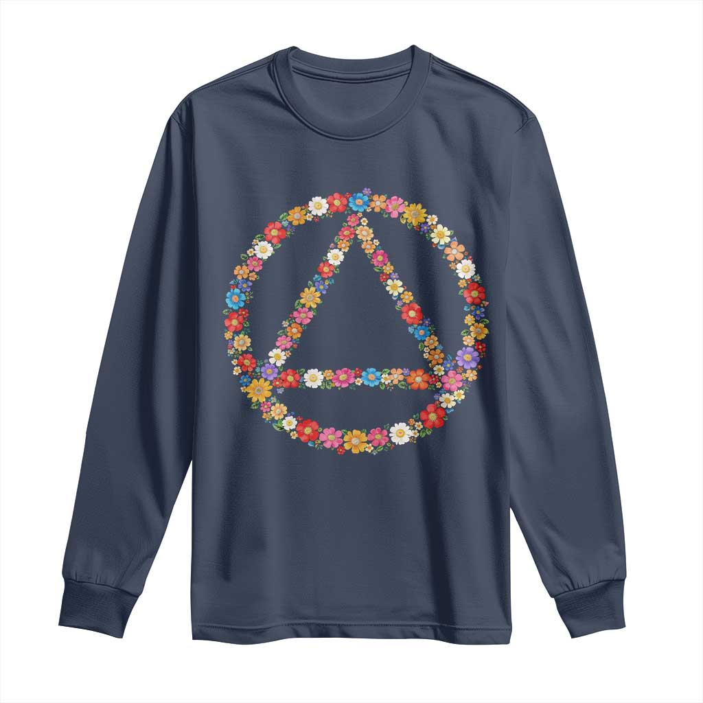 AA Sober Retro Flower Symbol Serenity Recovery Long Sleeve Shirt TS11 Navy Print Your Wear