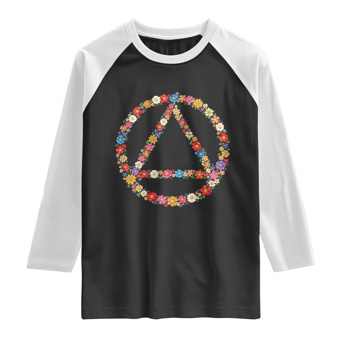 AA Sober Retro Flower Symbol Serenity Recovery Raglan Shirt TS11 Black White Print Your Wear